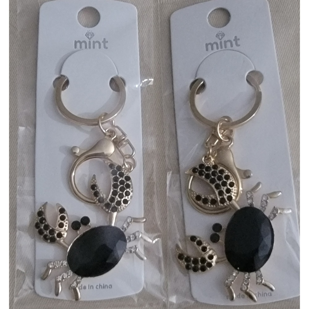 Mint Gold Tone Black Stone Rhinestone Crab Keychain Bag Charms 7.00 Each